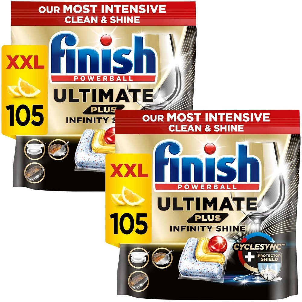 Finish Dishwasher Tablet, Ultimate Plus Infinity Shine, 210 Tabs (105 x 2pck), Lemon Sparkle, Tough on Grease, Our Most Intensive Clean & Shine, Effective for Short Eco Cycle