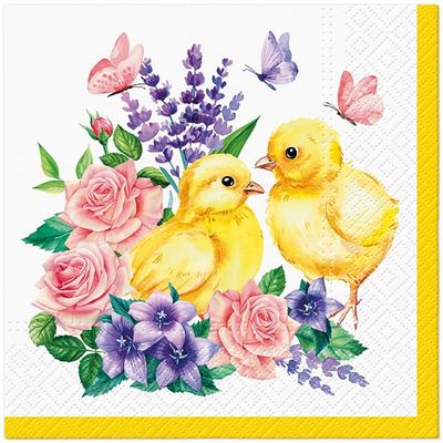 20 Napkins Animal Motifs Chicks on Beautiful Flowers as Table Decoration Paper Napkins with Motif Also for Decoupage and Decoupage 33 x 33 cm