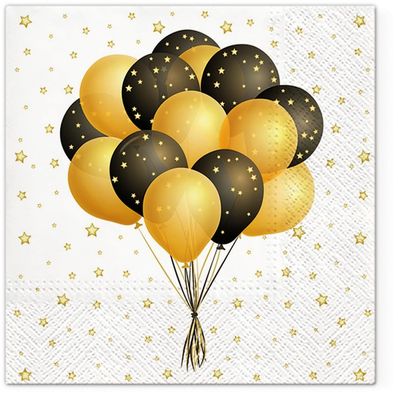 20 Napkins Birthday Balloons in Black and Gold as Table Decoration Paper Napkins with Motif Also for Decoupage and Decoupage 33 x 33 cm