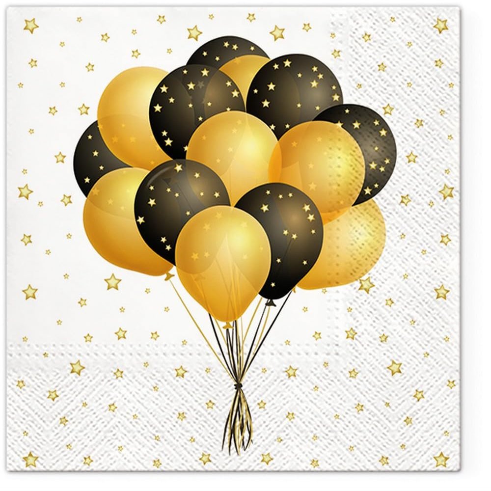 20 Napkins Birthday Balloons in Black and Gold as Table Decoration Paper Napkins with Motif Also for Decoupage and Decoupage 33 x 33 cm