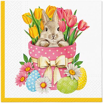 20 Napkins Easter Bunny in Flower Pot with Tulips as Table Decoration Paper Napkins with Motif Also for Decoupage and Decoupage 33 x 33 cm