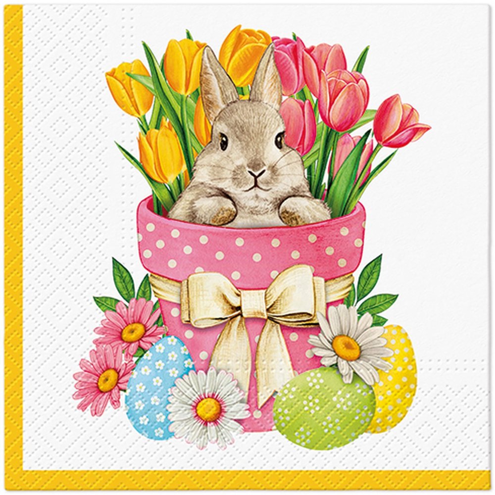 20 Napkins Easter Bunny in Flower Pot with Tulips as Table Decoration Paper Napkins with Motif Also for Decoupage and Decoupage 33 x 33 cm