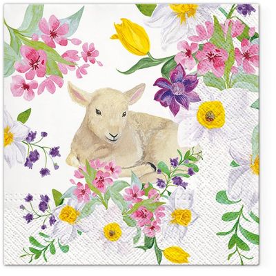 20 Napkins Animal Motifs Lamb on Fresh Flowers as Table Decoration Paper Napkins with Motif Also for Decoupage and Decoupage 33 x 33 cm