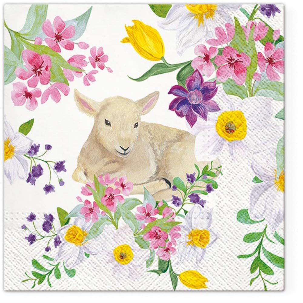 20 Napkins Animal Motifs Lamb on Fresh Flowers as Table Decoration Paper Napkins with Motif Also for Decoupage and Decoupage 33 x 33 cm
