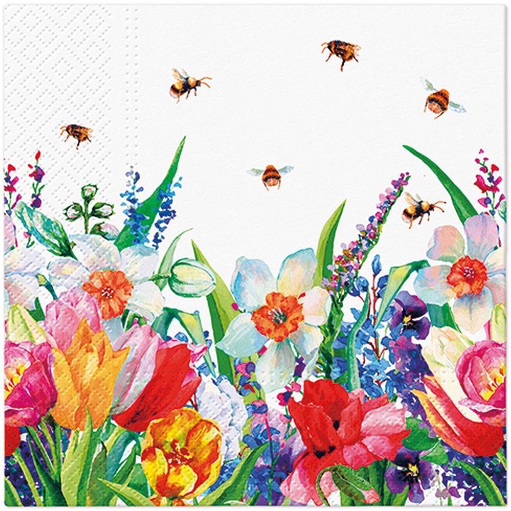 20 Napkins Flowers, Garden & Nature Bees in Blooming Meadow as Table Decoration Paper Napkins with Motif Also for Decoupage and Decoupage 33 x 33 cm