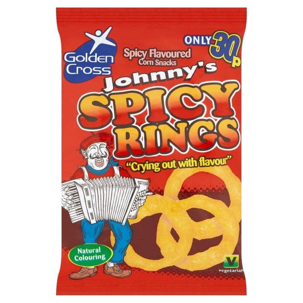 Golden Cross Johnny's Spicy Onion Rings - Crunchy Snack, Party Favorite Corned Snacks 36 x 22g (Price Marked) Crisps