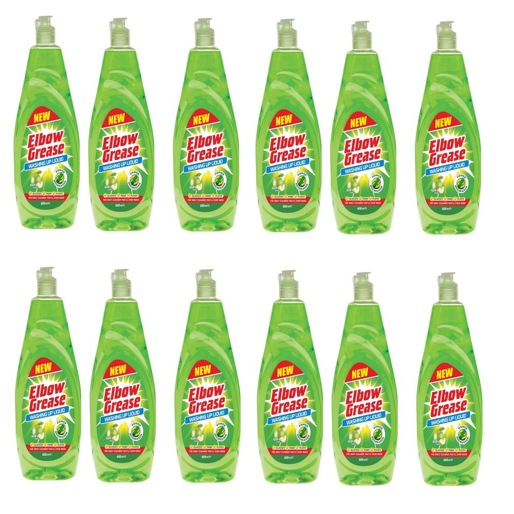 Multipack Washing Up Liquid Apple Fresh Scent - Powerful Degreaser - Works On Glasses, Pans, and Plates by Elbow Grease (12, 600ml)