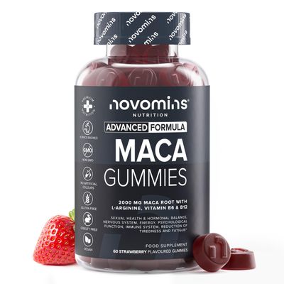 Maca Root Gummies - High Strength Alternative to Maca Powder & Maca Capsules - 2000mg - Made from 100% Peruvian Maca Root Powder with L-Arginine, Vitamin B12 & B6-60 Count - Novomins