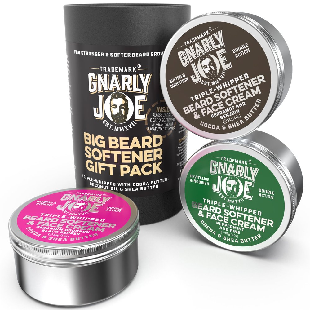 Gnarly Joe Beard Softener & Face Cream Gift Pack for Men - 3 x 85g Tins (255g) - Triple-Whipped Beard Butter with Cocoa & Shea - Natural Beard Moisturiser, Cream & Conditioner - Made in UK