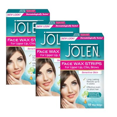 (3 x 16 Strips) Jolen Face Wax Strips for Upper Lips, Chin and Brows | for Sensitive Skin | Dermatologically Tasted | 48 in Total