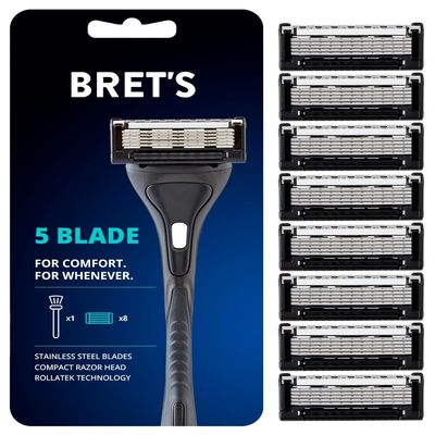 Brets Razor Blades  5 Anti- Friction Blades with Handle Rollatek Tech  Precision Trimmer  Steel Made Razors  Comfort Lubrication & Eco-Friendly  Designed for your Face Pack of 8