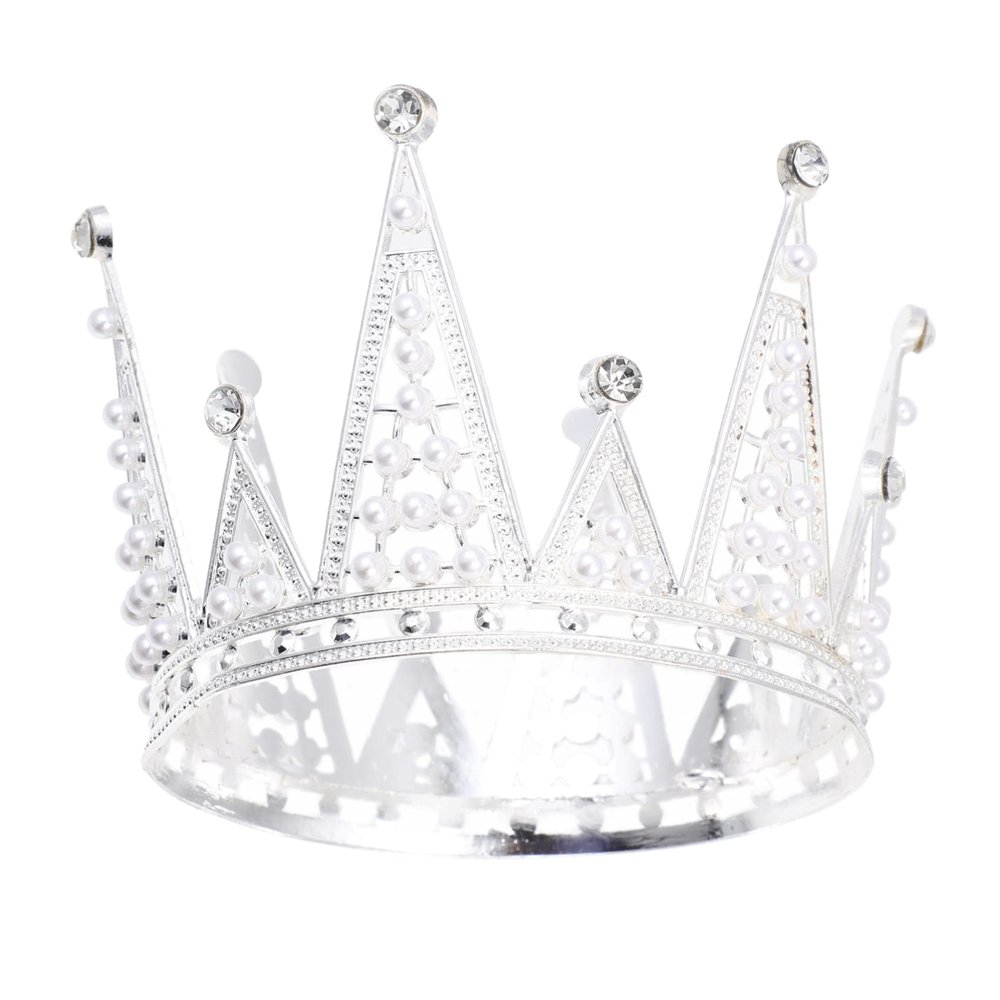 Ipetboom Delicate Pearl Cake Crown Topper Silver Alloy Tiara for Birthday Party Baking Cake Ornament Elegant Pearl Decor Child Hair Accessory Photography Prop