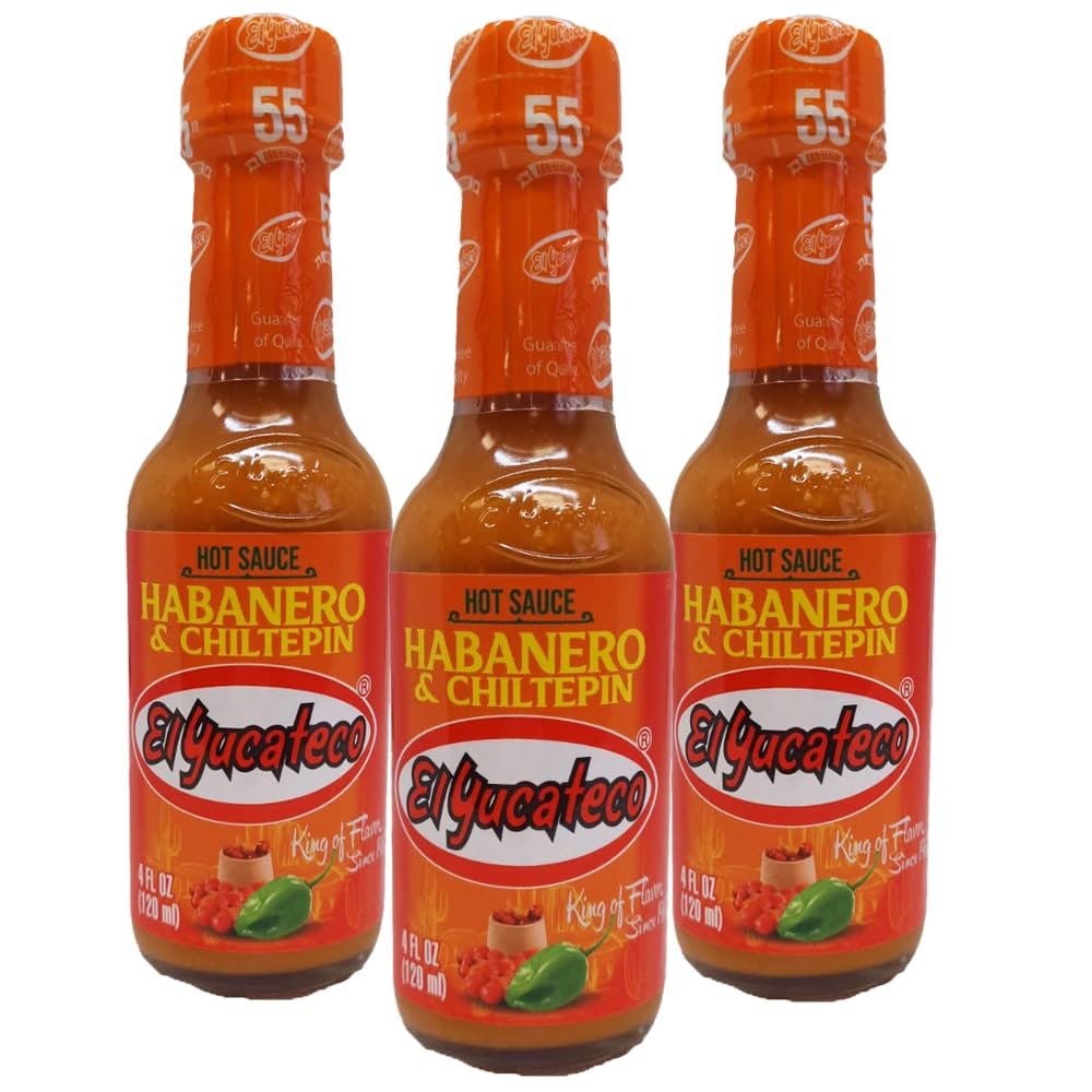 El Yucateco Habanero & Chiltepin 120ml (Pack of 3) / Mexican Hot Sauce with Habanero and Chiltepin Spicy Chilli Peppers, Salsa for Tacos, Seafood and Cocktails