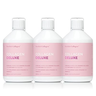 Swedish Collagen Deluxe | 12,500 mg Hydrolysed Marine Collagen Liquid Supplement - 3 x 500 ml (1,500 ml in Total), 60 Day Supply | Hyaluronic Acid, Biotin & Vitamin C for Hair, Skin, Nails & Joints