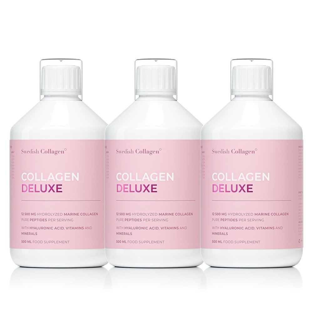 Swedish Collagen Deluxe | 12,500 mg Hydrolysed Marine Collagen Liquid Supplement - 3 x 500 ml (1,500 ml in Total), 60 Day Supply | Hyaluronic Acid, Biotin & Vitamin C for Hair, Skin, Nails & Joints