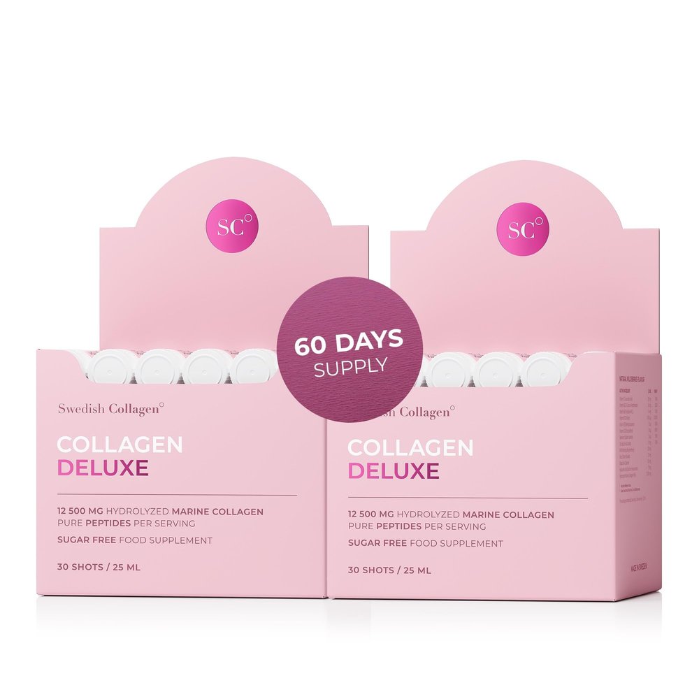Swedish Collagen Deluxe | 12,500 mg Hydrolysed Marine Collagen Liquid Supplement - 60 x 25 ml Daily Shots (2 Pack, 30 in Each) | Hyaluronic Acid, Biotin and Vitamin C for Hair, Skin, Nails and Joints