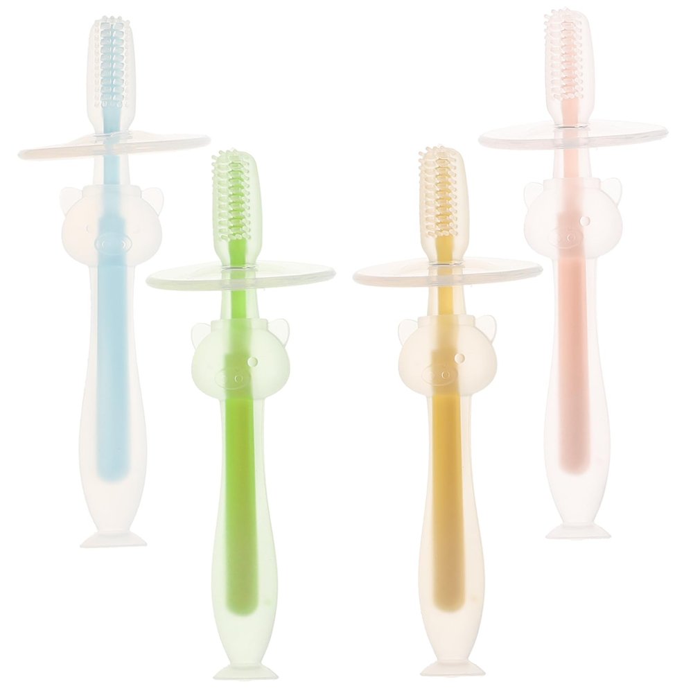 Angoily Baby Toothbrush Silicone Toothbrush for Baby 4Pcs Soft Bristle for 6 to 12 Months with Suction Base Toddler Oral Cleaner for Newborn Daily Use