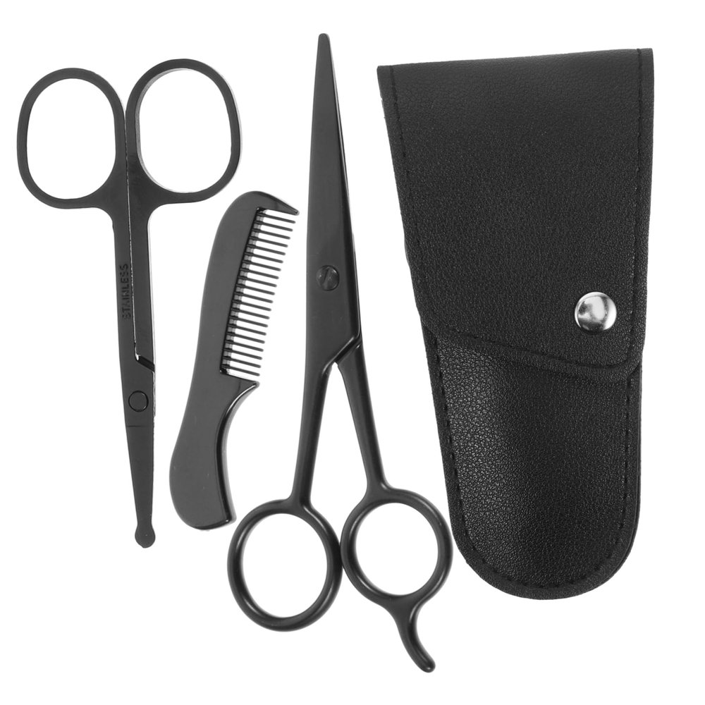 Mipcase Men's Beard Shears Kit with Stainless Steel Anti-Rust Scissors and Small Comb 4 Pcs Set for Clean Cut Grooming at Home Or Barber Shops with Storage Pouch