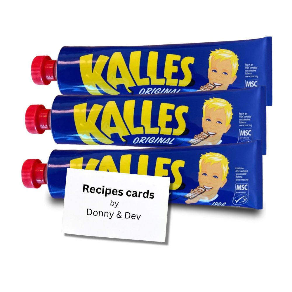 Swedish Food Bundle which includes Kalles Kaviar Original Swedish Fish Creamed Smoke Cod Roe Spread good either in Sandwiches with Chesse or Slices of Boiled Eggs 3x190g & Donny & Dev Recipe Cards