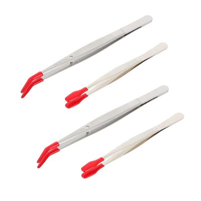 DOITOOL 4pcs Stainless Steel Elbow Tweezers for Women Tip Lash Tweezers Home and Stamp Use Rubber Tips
