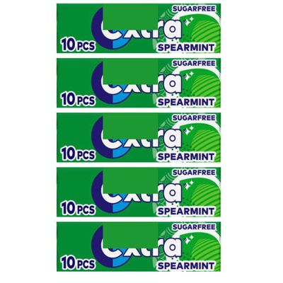 5 x packs Ex xtra Spearmint Flavour Sugar Free Chewing Gum - Freshens Breath, Oral Hygiene for Healthy Teeth and Gums