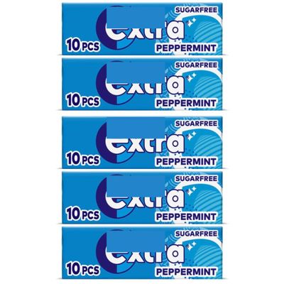 5 x packs Ex Peppermint Flavour Sugar Free Chewing Gum - Freshens Breath, Helps with Oral Hygiene for Healthy Teeth and Gums