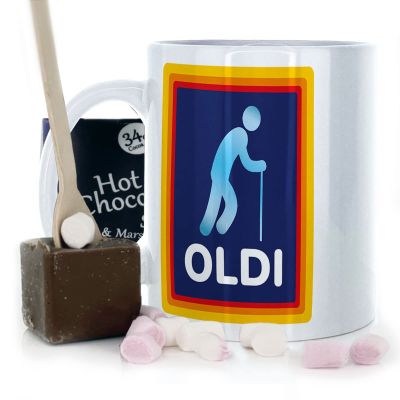 Hairyworm Aldi Inspired Funny Oldi Mug and Belgian Milk Chocolate/Hot Chocolate Stirrer Marshmallow Gift Set, (11oz) Thank You, Love You, Happy Birthday Mug Dad Mug, Father's Day Mug