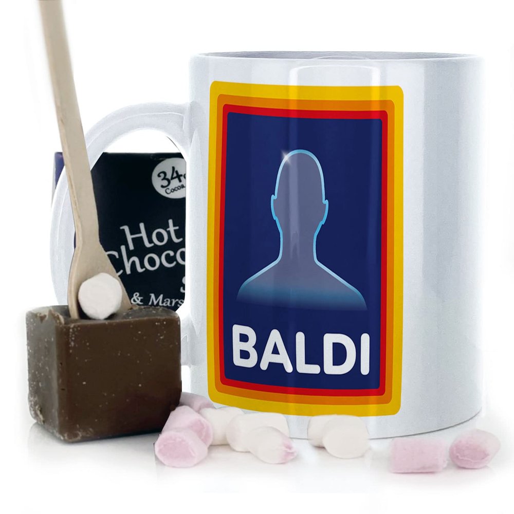 Hairyworm Aldi Inspired Funny Baldi Mug and Belgian Milk Chocolate/Hot Chocolate Stirrer Marshmallow Gift Set, (11oz) Thank You, Love You, Happy Birthday Mug Dad Mug, Father's Day Mug