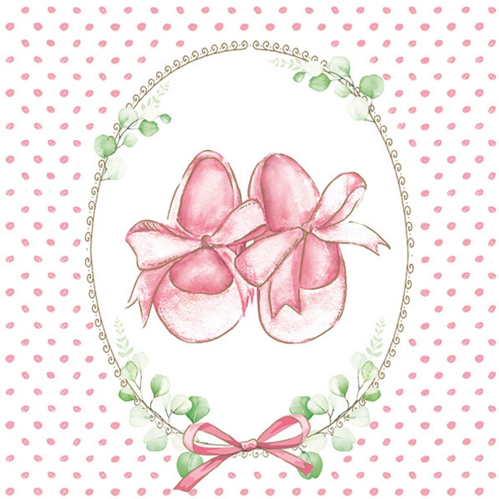 20 Napkins Christening Shoes with Bow Pink as Table Decoration Paper Napkins with Motif Also for Decoupage and Decoupage 33 x 33 cm