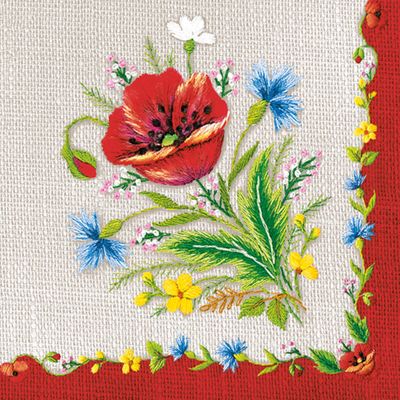 20 Napkins Flowers, Garden & Nature Red Flowers in Embroidery Style Table Decoration Paper Napkins with Motif Also for Decoupage and Decoupage 33 x 33 cm