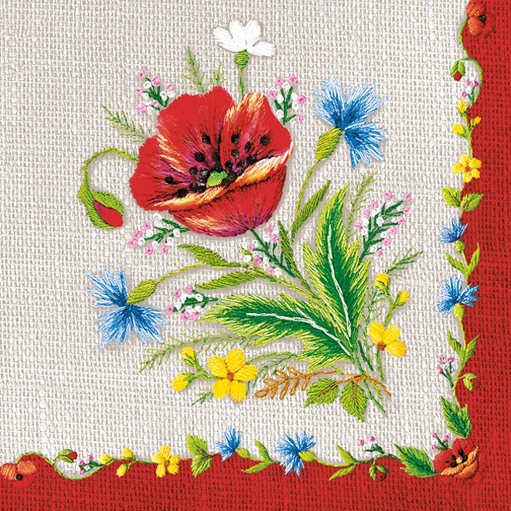 20 Napkins Flowers, Garden & Nature Red Flowers in Embroidery Style Table Decoration Paper Napkins with Motif Also for Decoupage and Decoupage 33 x 33 cm