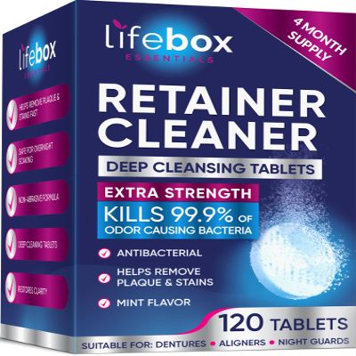 Lifebox Essentials Retainer Cleaner Tablets - 120 Denture Cleaning Tablets & Aligner Cleaner - Removes Odors & Stains  For Aligners, Retainers, Dentures, Night Guards - Mint Flavor