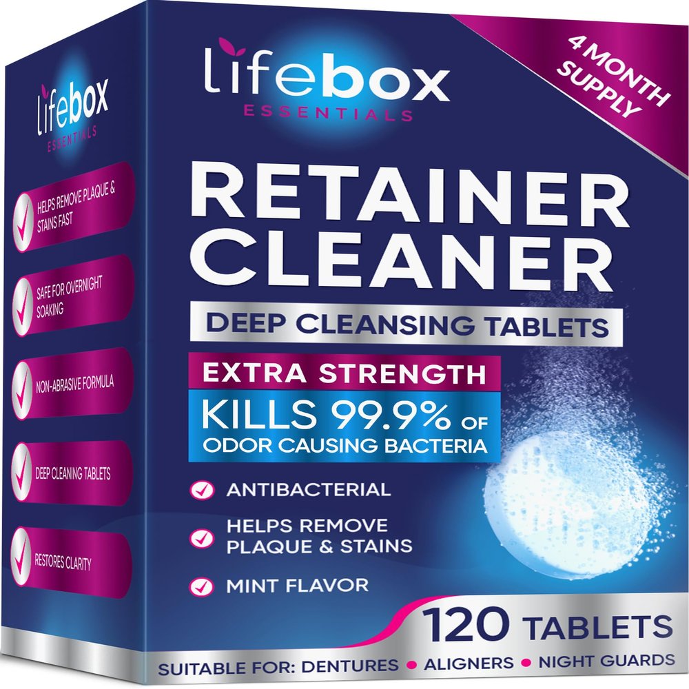 Lifebox Essentials Retainer Cleaner Tablets - 120 Denture Cleaning Tablets & Aligner Cleaner - Removes Odors & Stains  For Aligners, Retainers, Dentures, Night Guards - Mint Flavor