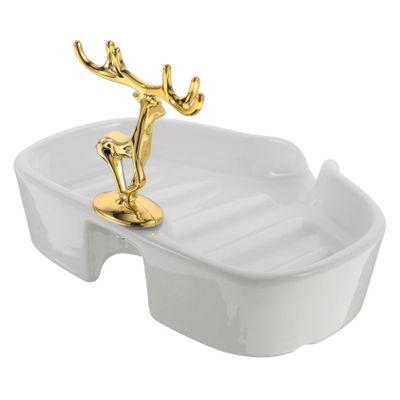 Zerodeko Ceramic Soap Dish Small Soap Tray with Draining Holder Gold-plated Elk Design for Bathroom Portable for Home Use