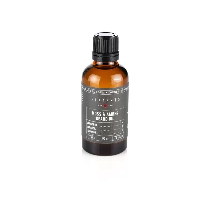 Moss & Amber Beard Oil for Men 50ml Fruits of Nature Gentleman's FIKKERTS with plant based Argan Oil, Apricot Kernal Oil, Jojoba Oil and Almond Oil for healthy and soft beards| MADE IN ENGLAND