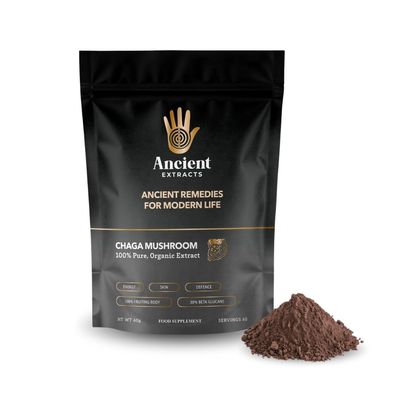 Ancient Extracts Chaga Mushroom Extract Powder - Minimum 30% Beta Glucans - GMO Free, Gluten Free, Vegan - Increased Energy, Performance, Endurance - Superfood, Adaptogen (60g)
