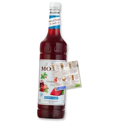Monin Strawberry No Added Sugar Coffee Syrup Premium 1L for Cocktails and Coffee | Natural Flavours and Colourings | Vegetarian-Friendly | Reduced Sugar | Includes Drink Recipe eBook