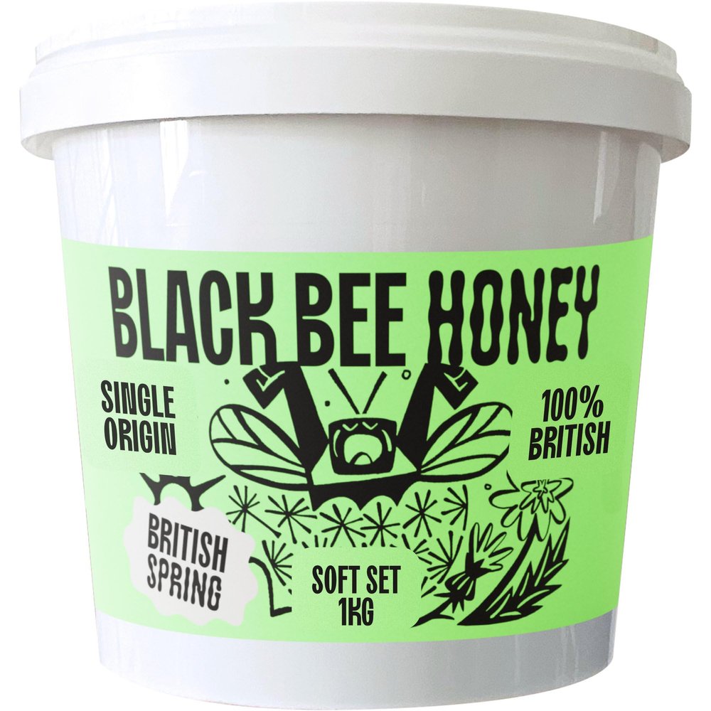 Black Bee Honey - Pure Spring British Soft Set Honey, Creamy with a Light Sweetness, Unprocessed, Single Source from Hive to Jar, Never Blended - Delicious on Toast, Soothing in Drinks, 1Kg Tub