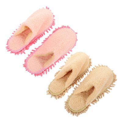Zerodeko Cleaning Sweeping Slippers with Fleece Lining, Medium Size 2-pair Set in Pink and Beige, Removable Thick Plush Mop Shoes for Household Floor Cleaning and Convenient Home Use