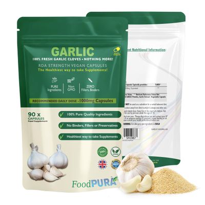 FoodPURA 90 X Pure Garlic Capsules Recommended Daily Strength 1000mg - Capsules are The SAFEST Way to take Any Supplement! HACCP Certified, Manufactured in The UK.