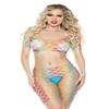 Music Legs Women's Scoop Neckline Sleeve Fence Net Crop Top with Mid Thigh Length Open Crotch Shorts Lingerie Set, Rainbow, One Size view 1