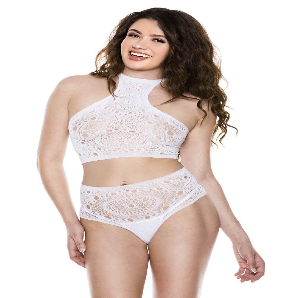 Music Legs Women's Open Shoulder Lace Crop Top and Matching Cheeky Panty, White Lingerie Set, One Size