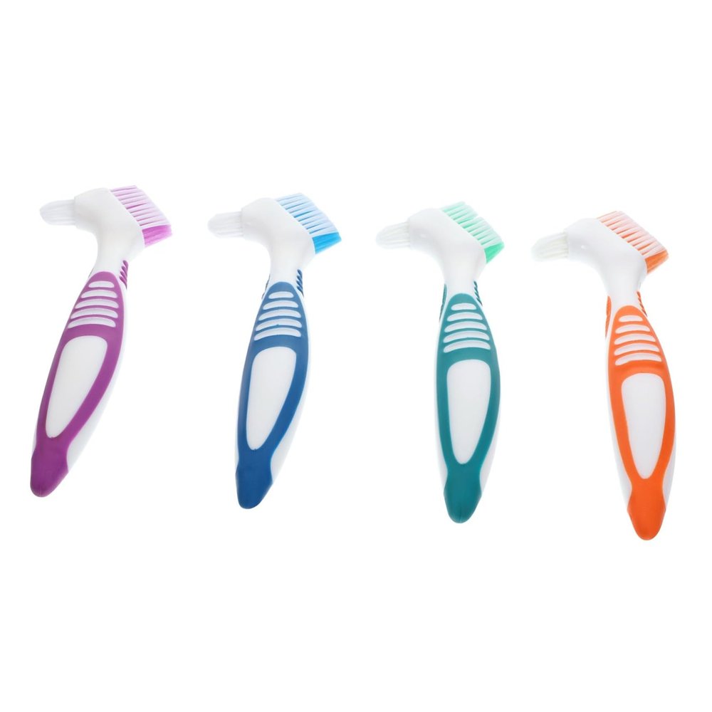 Angoily Denture Toothbrush 4pcs Double-Headed False Teeth Brush Portable Cleaning Tool Assorted Colors Green Purple Orange Blue for Denture Care and Travel Use Random Color