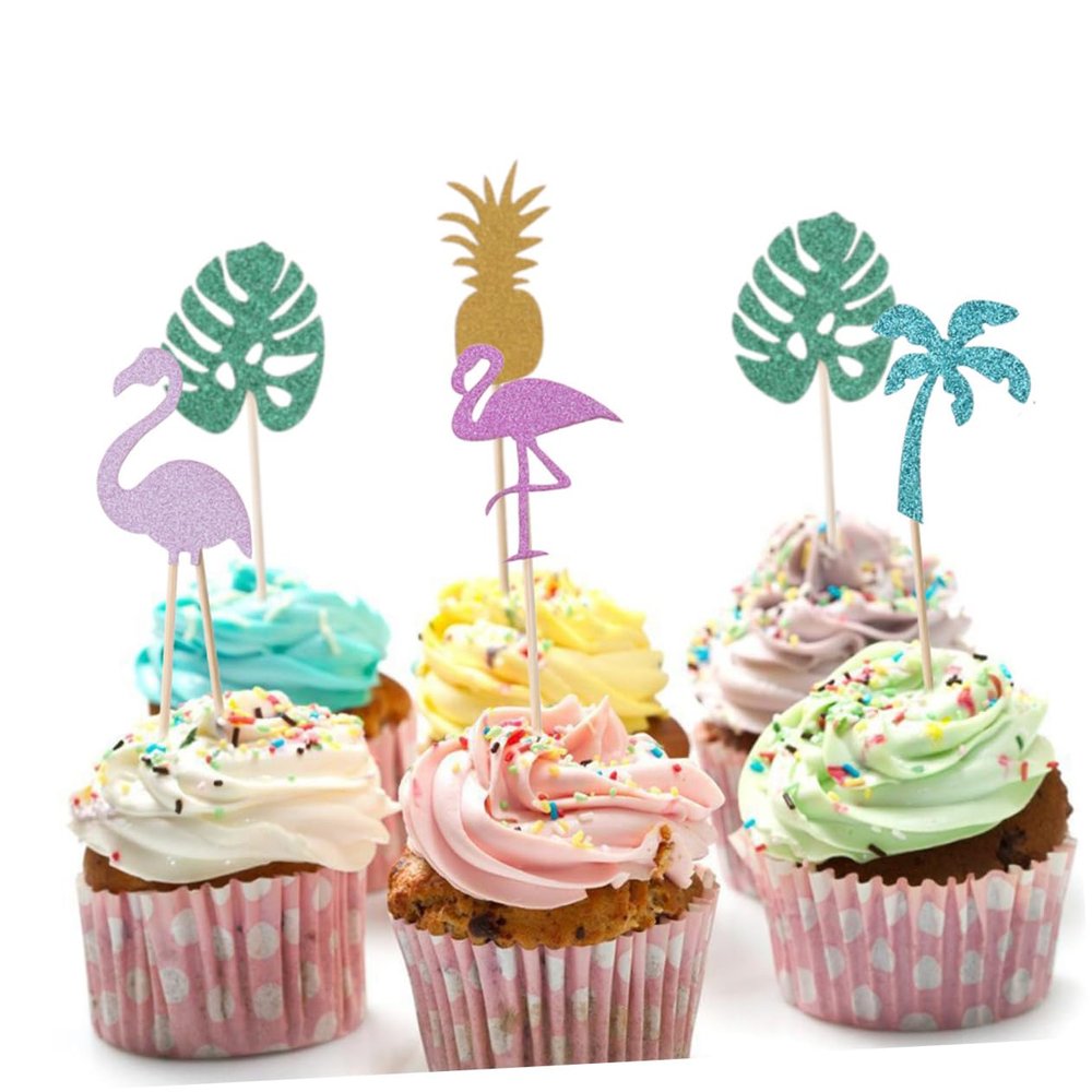 ABOOFAN 15pcs Flamingo Pineapple Stick Hawaiian Theme Party Cake Topper Creative Insert Cake Decor for Dessert Gathering Party Decorations