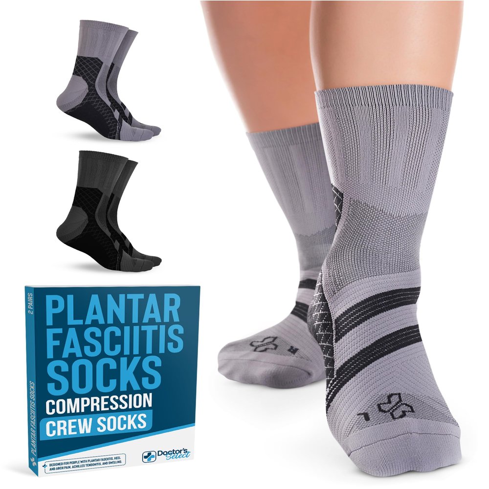 Doctor's Select Plantar Fasciitis Socks - 2 Pairs | Compression Socks for Plantar Fasciitis Relief | Arch Support Socks, Grey/Dark Grey, S