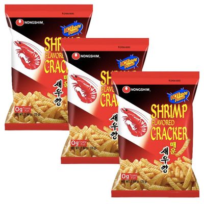 Nongshim Korean Shrimp Flavored Cracker Crispy Snacks 75g - Hot Flavour (Pack of 3)