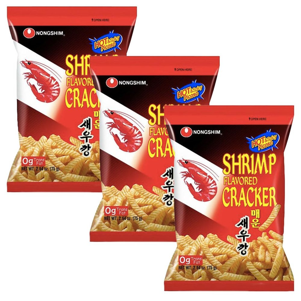 Nongshim Korean Shrimp Flavored Cracker Crispy Snacks 75g - Hot Flavour (Pack of 3)