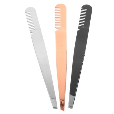 Amosfun 3pcs Stainless Steel Tweezer Comb Eyebrow Clamps Beauty Women Makeup Supplies