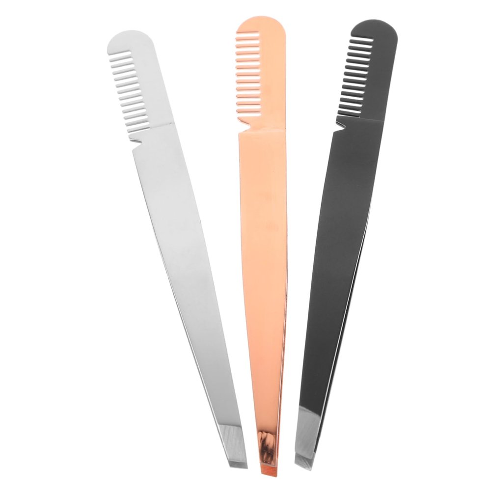 Amosfun 3pcs Stainless Steel Tweezer Comb Eyebrow Clamps Beauty Women Makeup Supplies