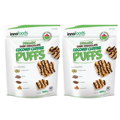 Innofoods 2 x 500g Organic Dark Chocolate Coconut Clusters With Welari Thank You Card Pumpkin Flax Seeds Quinoa Almond Puffs Snack (1000g) (2pack)